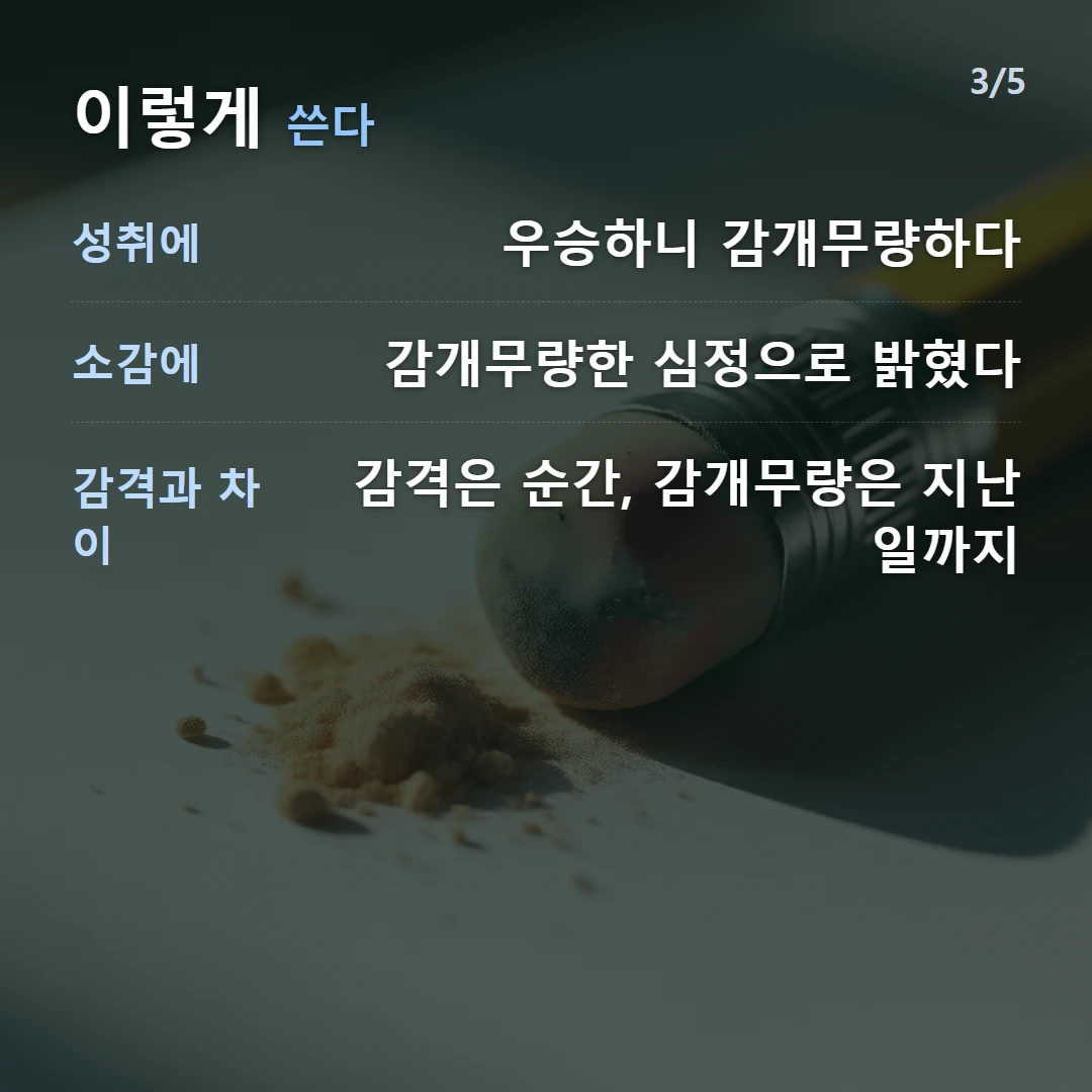 이렇게 쓴다 — 성취에 우승하니 감개무량하다, 소감에 감개무량한 심정으로 밝혔다, 감격과 차이 감격은 순간, 감개무량은 지난 일까지