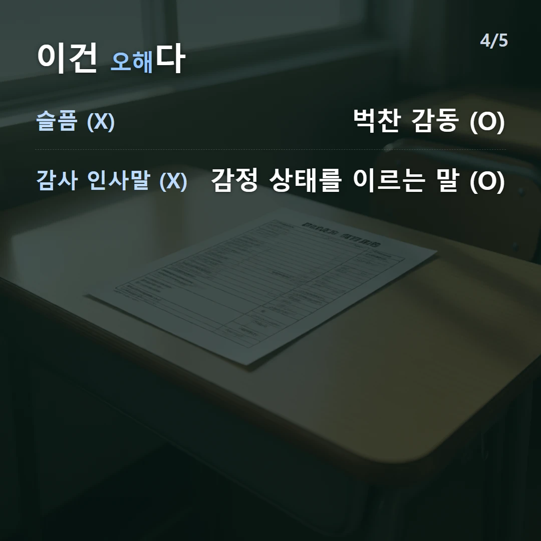 이건 오해다 — 슬픔 (X) 벅찬 감동 (O), 감사 인사말 (X) 감정 상태를 이르는 말 (O)