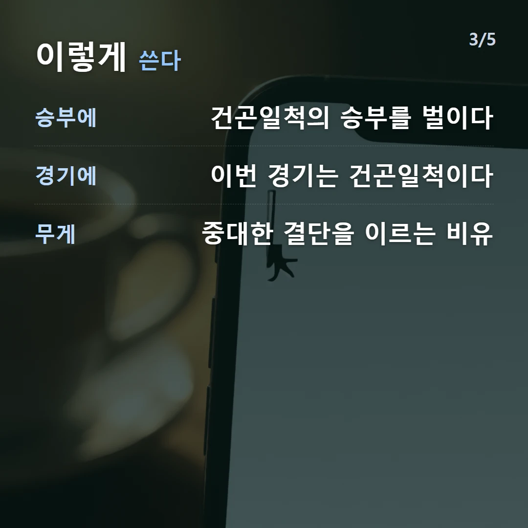 이렇게 쓴다 — 승부에 건곤일척의 승부를 벌이다, 경기에 이번 경기는 건곤일척이다, 무게 중대한 결단을 이르는 비유