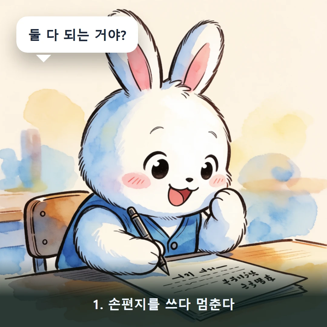 웹툰 1컷 — 1. 손편지를 쓰다 멈춘다 (둘 다 되는 거야?)