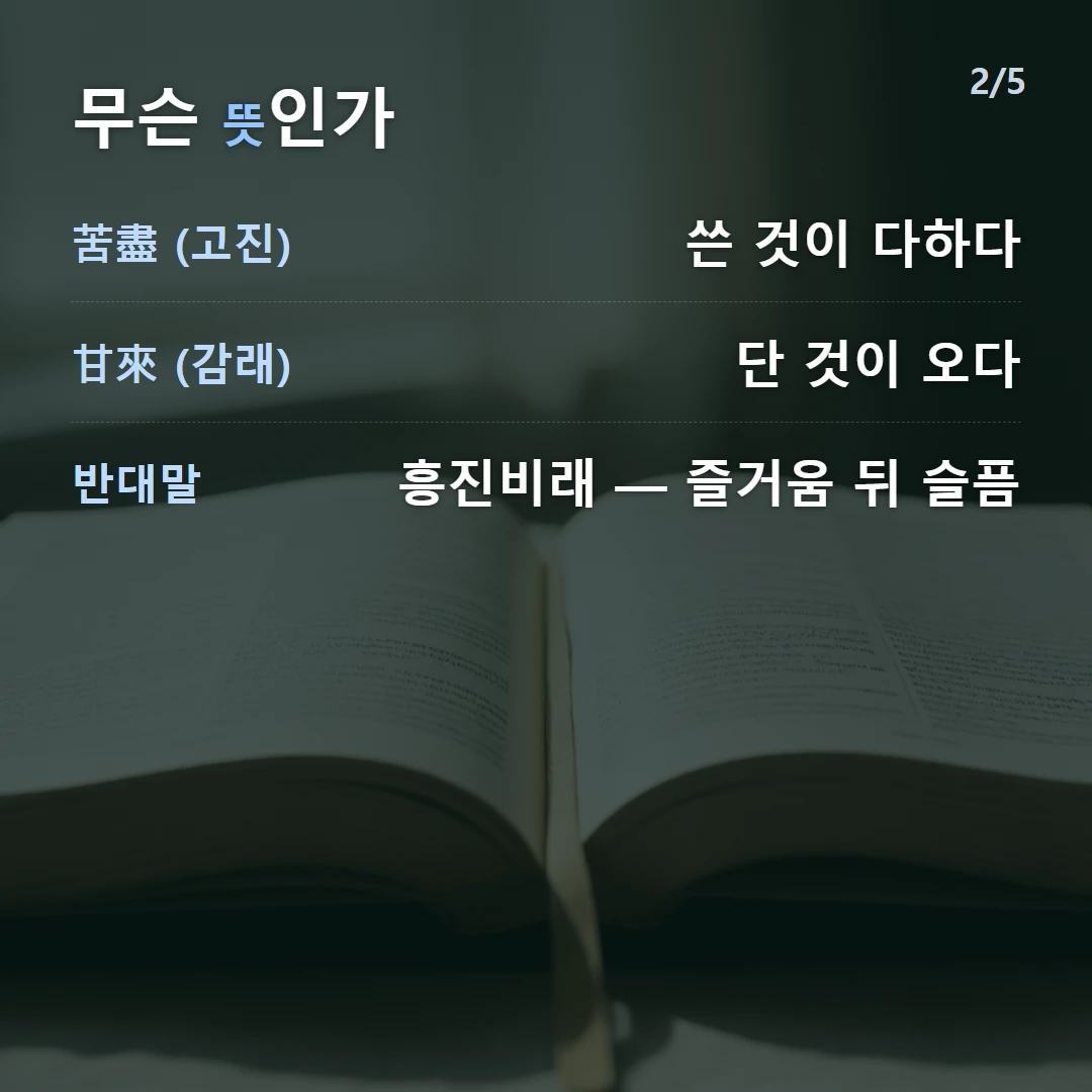 무슨 뜻인가 — 苦盡 (고진) 쓴 것이 다하다, 甘來 (감래) 단 것이 오다, 반대말 흥진비래 — 즐거움 뒤 슬픔