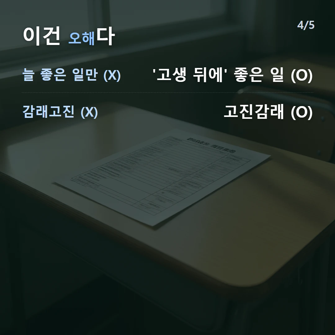 이건 오해다 — 늘 좋은 일만 (X) '고생 뒤에' 좋은 일 (O), 감래고진 (X) 고진감래 (O)