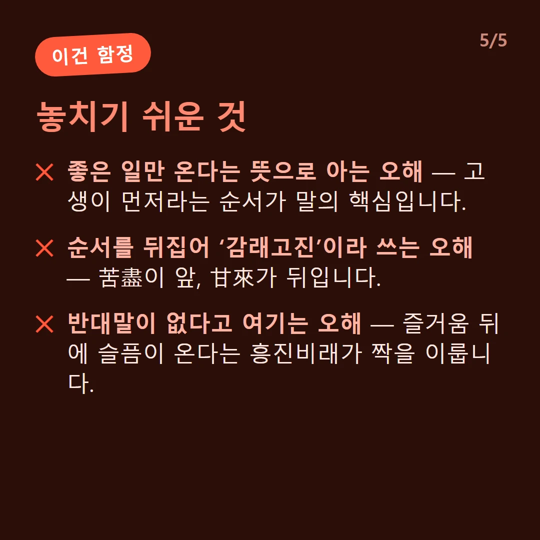 놓치기 쉬운 것 — 좋은 일만 온다는 뜻으로 아는 오해 — 고생이 먼저라는 순서가 말의 핵심입니다. / 순서를 뒤집어 ‘감래고진’이라 쓰는 오해 — 苦盡이 앞, 甘來가 뒤입니다. / 반대말이 없다고 여기는 오해 — 즐거움 뒤에 슬픔이 온다는 흥진비래가 짝을 이룹니다.