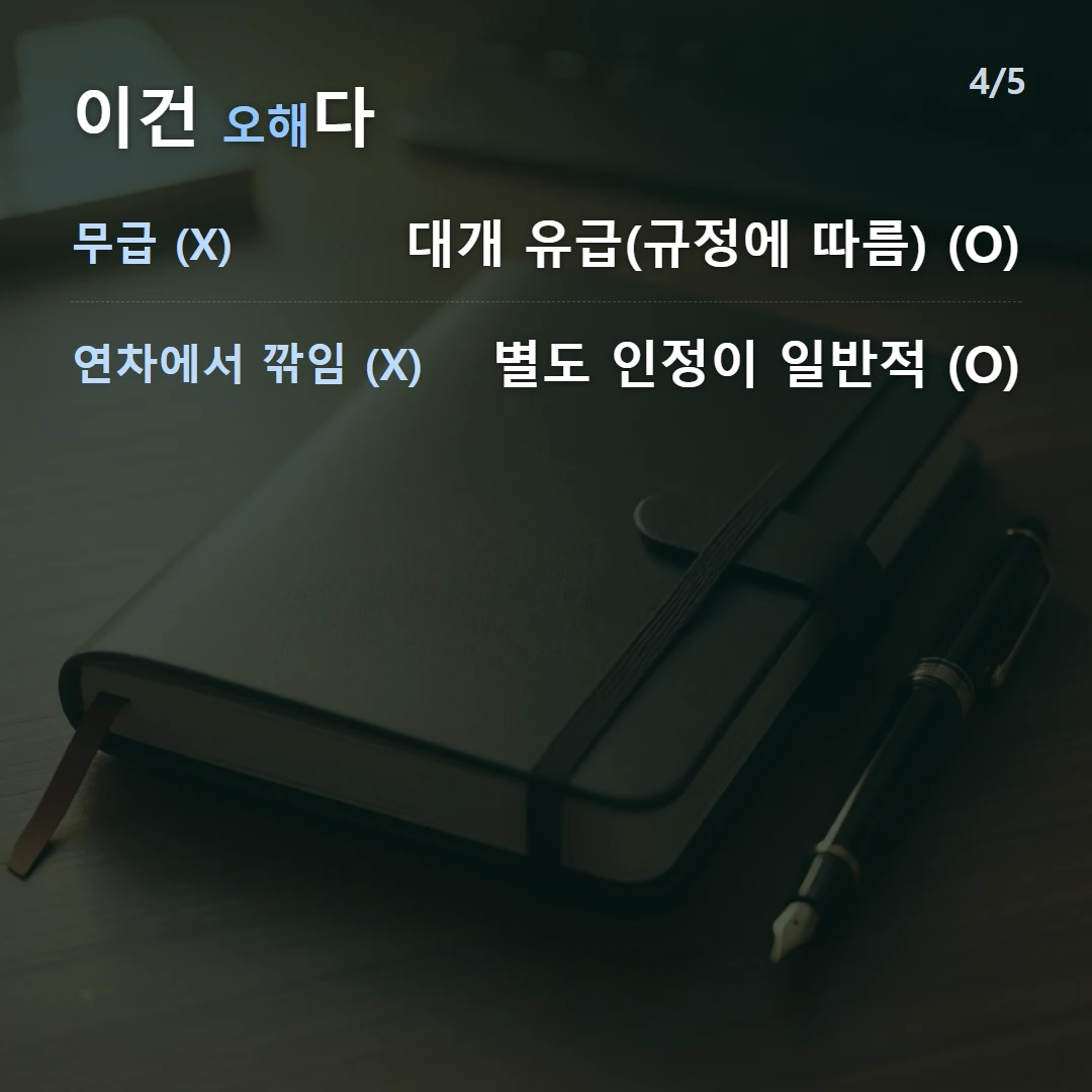 이건 오해다 — 무급 (X) 대개 유급(규정에 따름) (O), 연차에서 깎임 (X) 별도 인정이 일반적 (O)