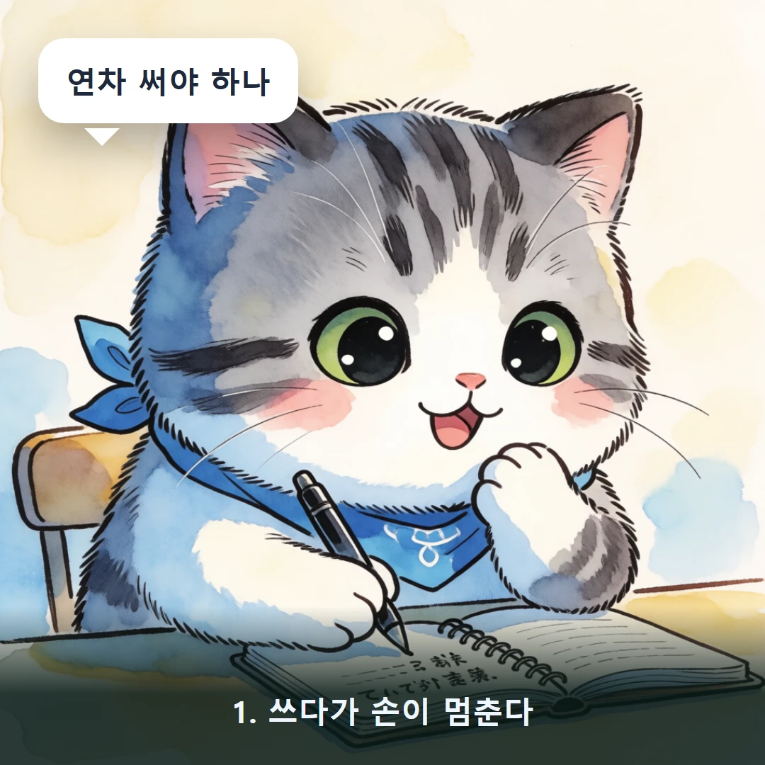 웹툰 1컷 — 1. 쓰다가 손이 멈춘다 (연차 써야 하나)