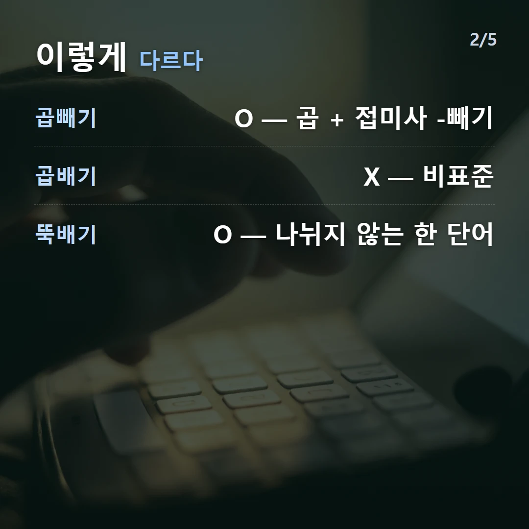 이렇게 다르다 — 곱빼기 O — 곱 + 접미사 -빼기, 곱배기 X — 비표준, 뚝배기 O — 나뉘지 않는 한 단어