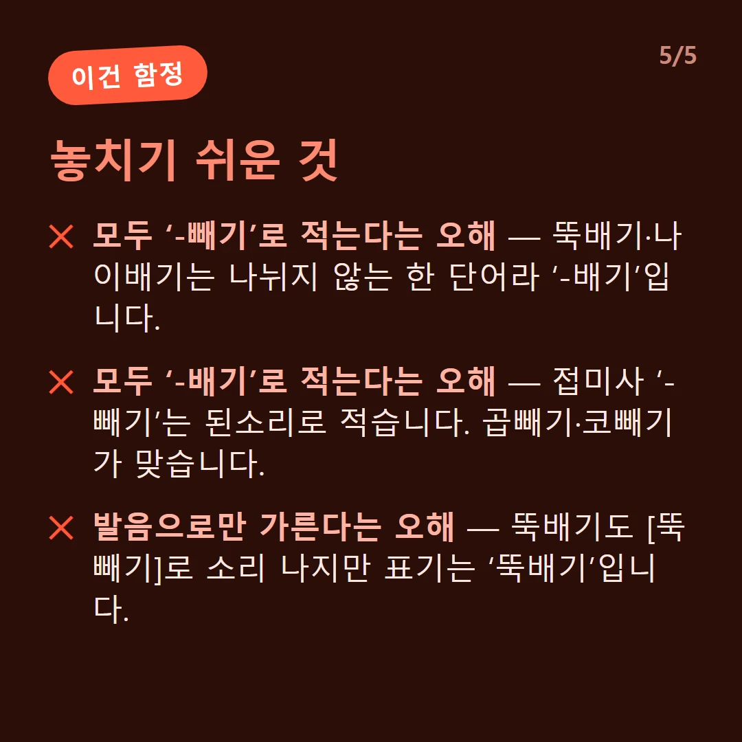 놓치기 쉬운 것 — 모두 ‘-빼기’로 적는다는 오해 — 뚝배기·나이배기는 나뉘지 않는 한 단어라 ‘-배기’입니다. / 모두 ‘-배기’로 적는다는 오해 — 접미사 ‘-빼기’는 된소리로 적습니다. 곱빼기·코빼기가 맞습니다. / 발음으로만 가른다는 오해 — 뚝배기도 [뚝빼기]로 소리 나지만 표기는 ‘뚝배기’입니다.