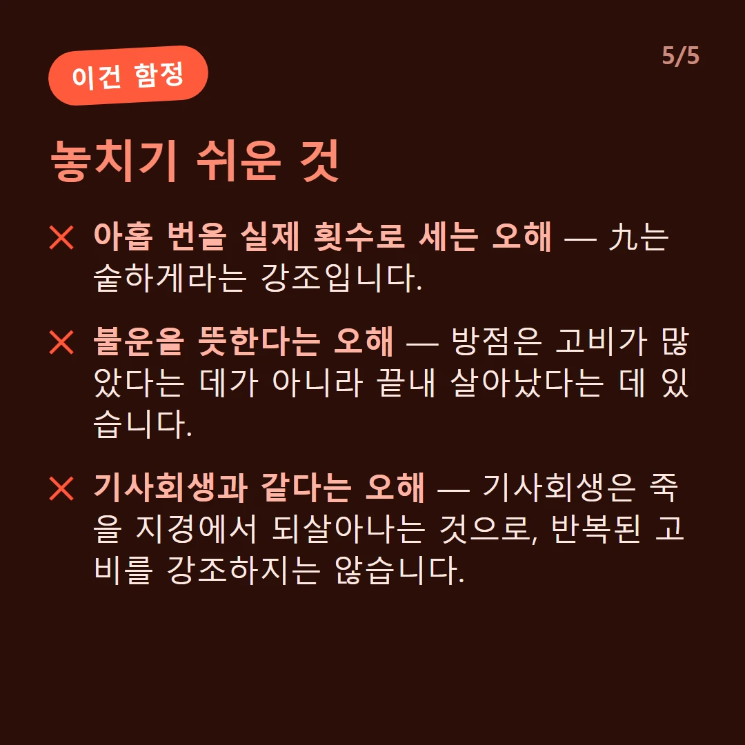 놓치기 쉬운 것 — 아홉 번을 실제 횟수로 세는 오해 — 九는 숱하게라는 강조입니다. / 불운을 뜻한다는 오해 — 방점은 고비가 많았다는 데가 아니라 끝내 살아났다는 데 있습니다. / 기사회생과 같다는 오해 — 기사회생은 죽을 지경에서 되살아나는 것으로, 반복된 고비를 강조하지는 않습니다.