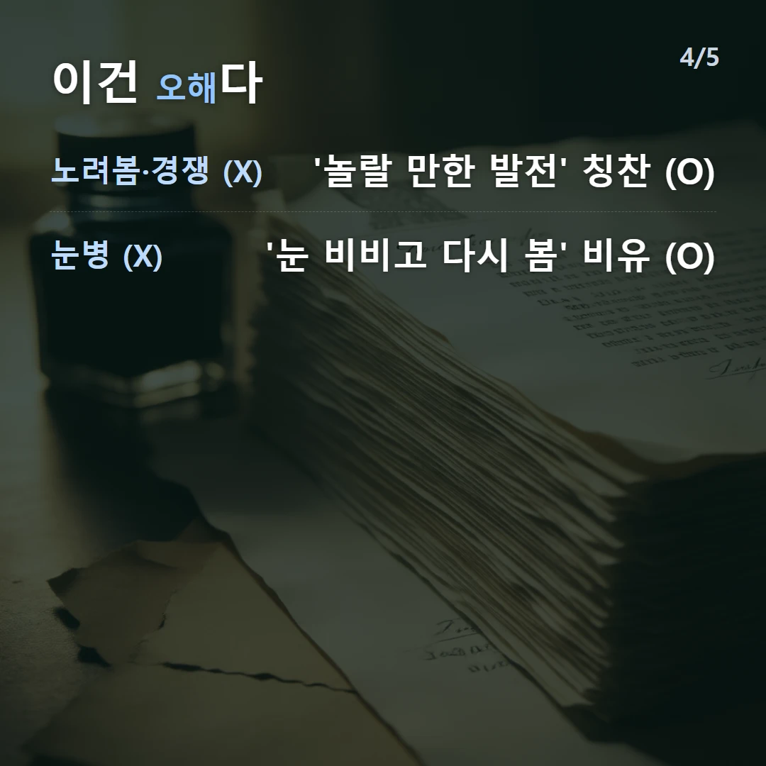 이건 오해다 — 노려봄·경쟁 (X) '놀랄 만한 발전' 칭찬 (O), 눈병 (X) '눈 비비고 다시 봄' 비유 (O)