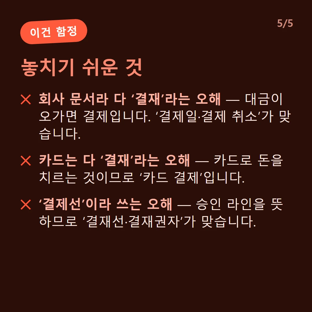 놓치기 쉬운 것 — 회사 문서라 다 ‘결재’라는 오해 — 대금이 오가면 결제입니다. ‘결제일·결제 취소’가 맞습니다. / 카드는 다 ‘결재’라는 오해 — 카드로 돈을 치르는 것이므로 ‘카드 결제’입니다. / ‘결제선’이라 쓰는 오해 — 승인 라인을 뜻하므로 ‘결재선·결재권자’가 맞습니다.