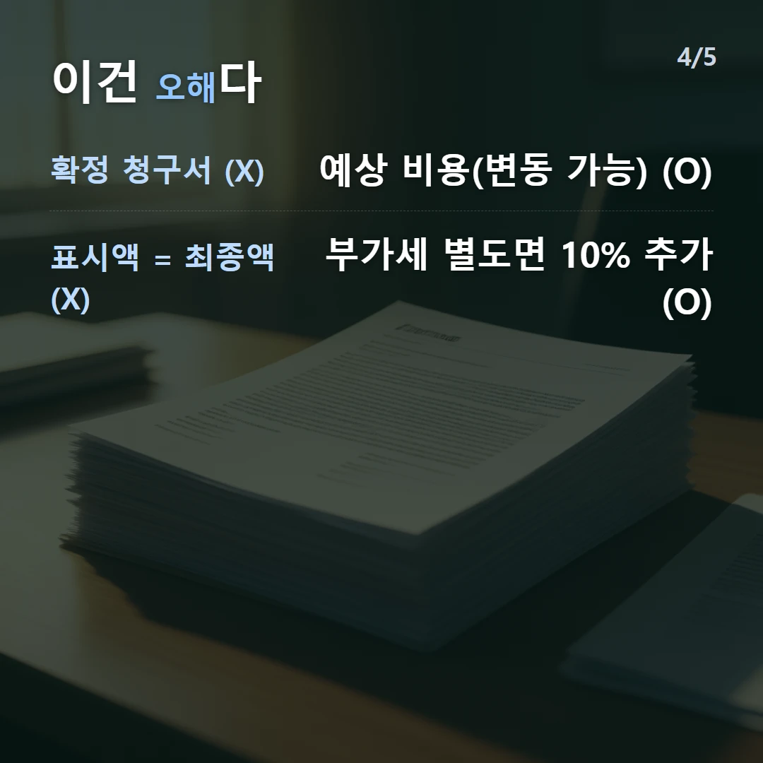 이건 오해다 — 확정 청구서 (X) 예상 비용(변동 가능) (O), 표시액 = 최종액 (X) 부가세 별도면 10% 추가 (O)