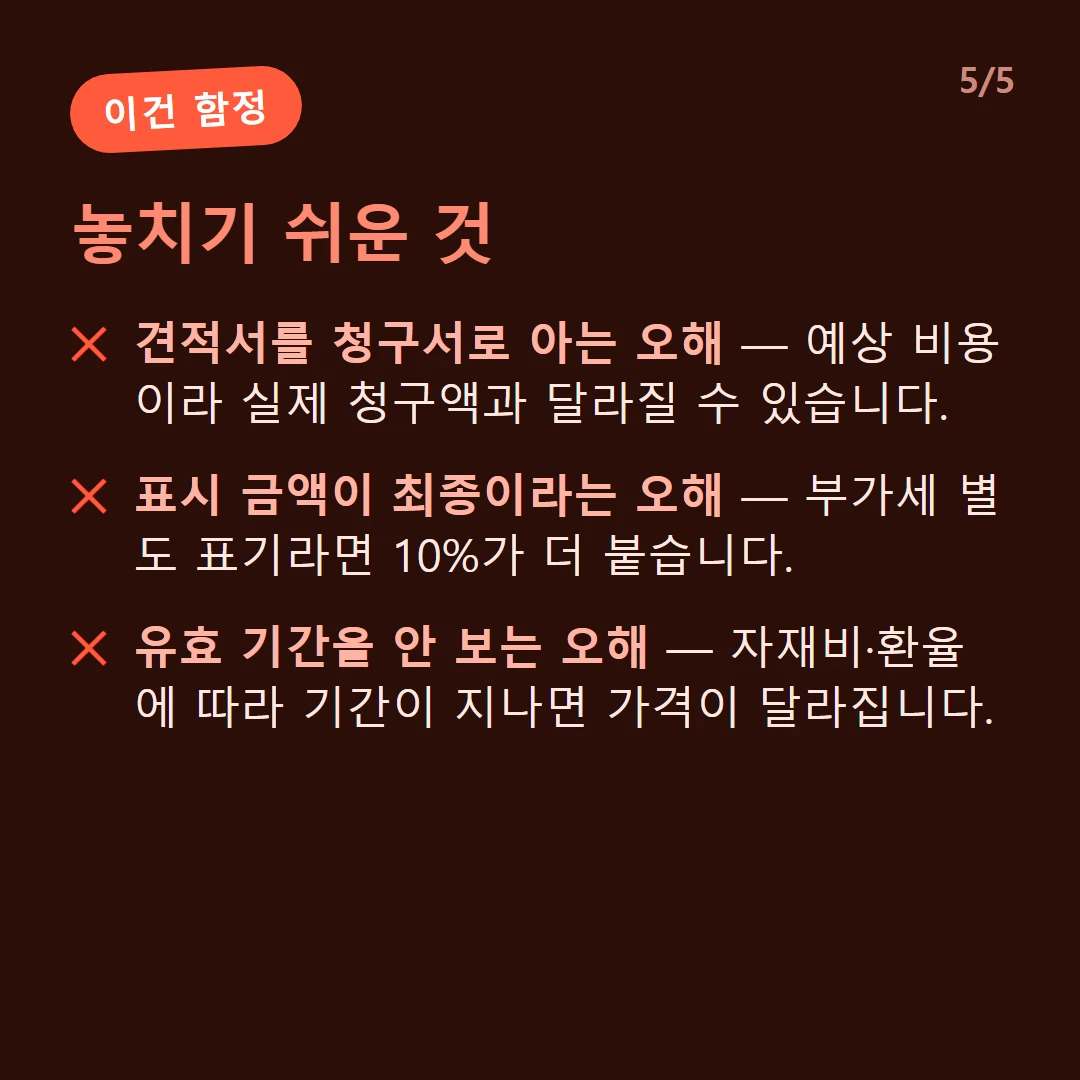 놓치기 쉬운 것 — 견적서를 청구서로 아는 오해 — 예상 비용이라 실제 청구액과 달라질 수 있습니다. / 표시 금액이 최종이라는 오해 — 부가세 별도 표기라면 10%가 더 붙습니다. / 유효 기간을 안 보는 오해 — 자재비·환율에 따라 기간이 지나면 가격이 달라집니다.