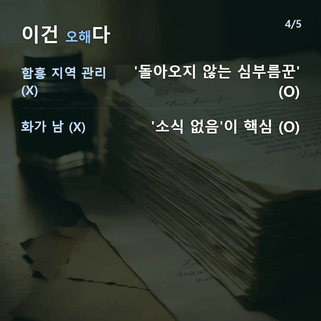 이건 오해다 — 함흥 지역 관리 (X) '돌아오지 않는 심부름꾼' (O), 화가 남 (X) '소식 없음'이 핵심 (O)