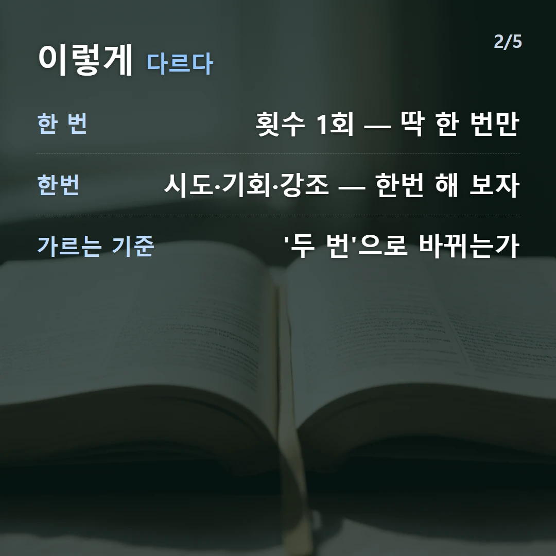이렇게 다르다 — 한 번 횟수 1회 — 딱 한 번만, 한번 시도·기회·강조 — 한번 해 보자, 가르는 기준 '두 번'으로 바뀌는가