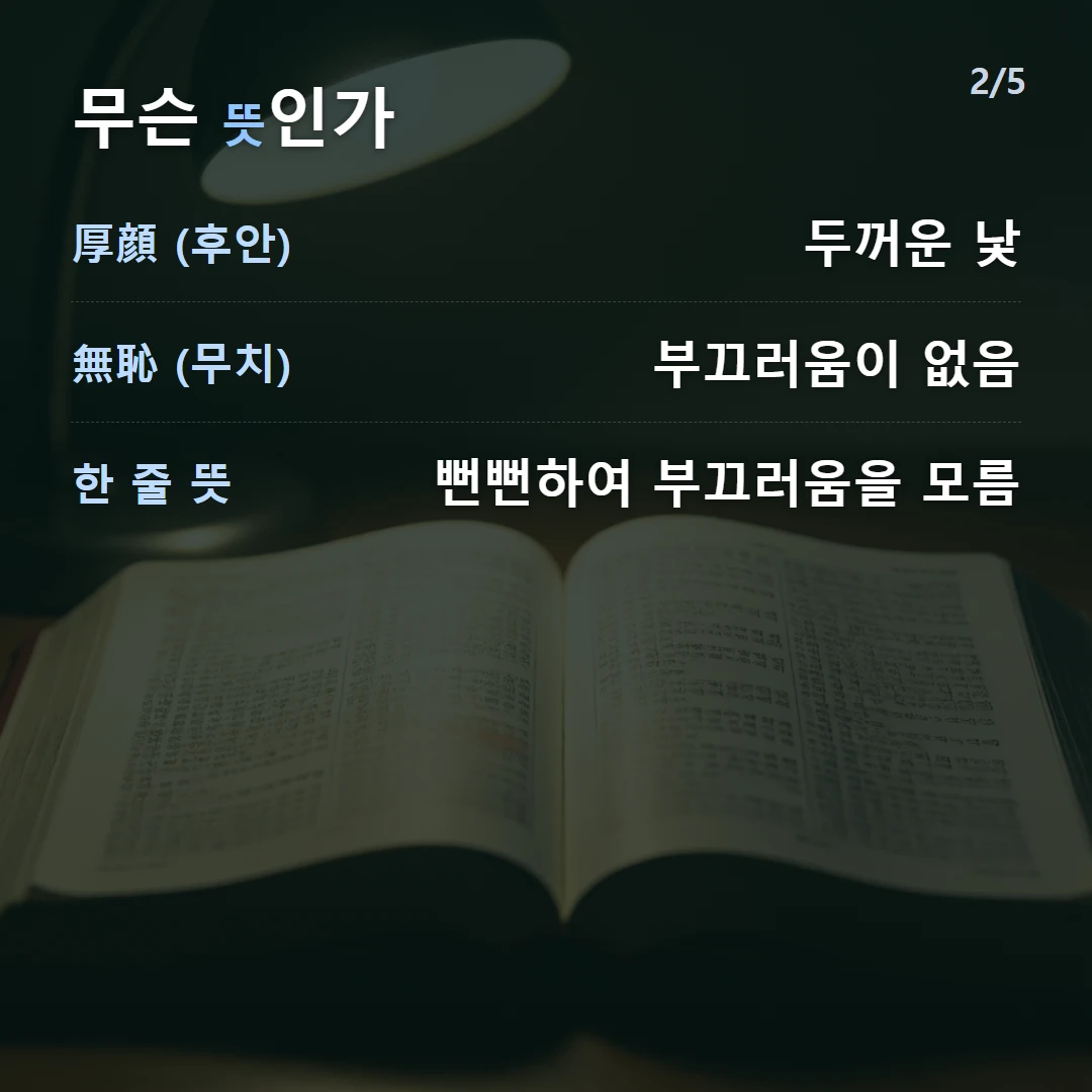 무슨 뜻인가 — 厚顔 (후안) 두꺼운 낯, 無恥 (무치) 부끄러움이 없음, 한 줄 뜻 뻔뻔하여 부끄러움을 모름