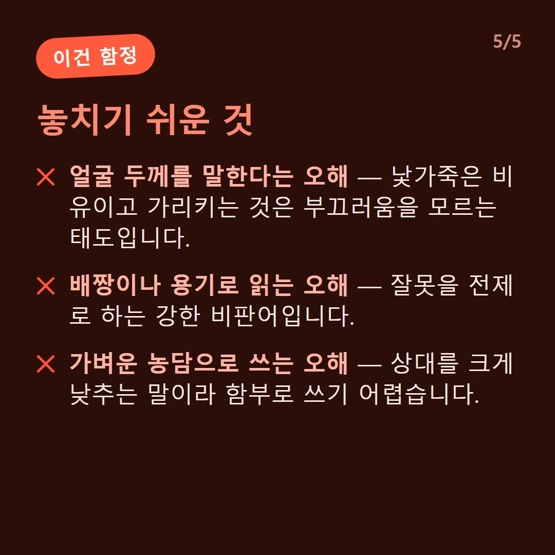 놓치기 쉬운 것 — 얼굴 두께를 말한다는 오해 — 낯가죽은 비유이고 가리키는 것은 부끄러움을 모르는 태도입니다. / 배짱이나 용기로 읽는 오해 — 잘못을 전제로 하는 강한 비판어입니다. / 가벼운 농담으로 쓰는 오해 — 상대를 크게 낮추는 말이라 함부로 쓰기 어렵습니다.