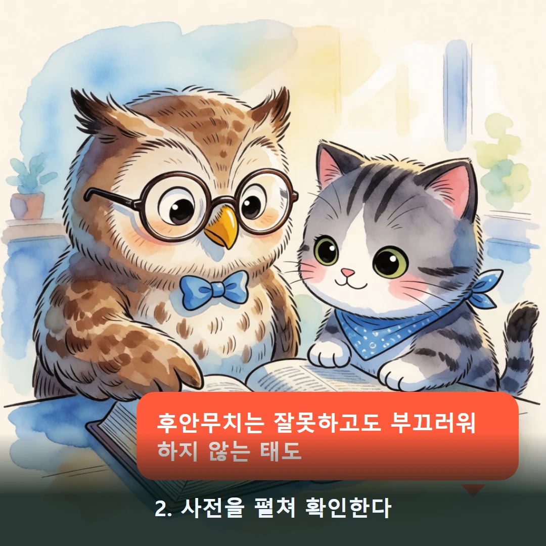 웹툰 2컷 — 2. 사전을 펼쳐 확인한다 (후안무치는 잘못하고도 부끄러워하지 않는 태도)