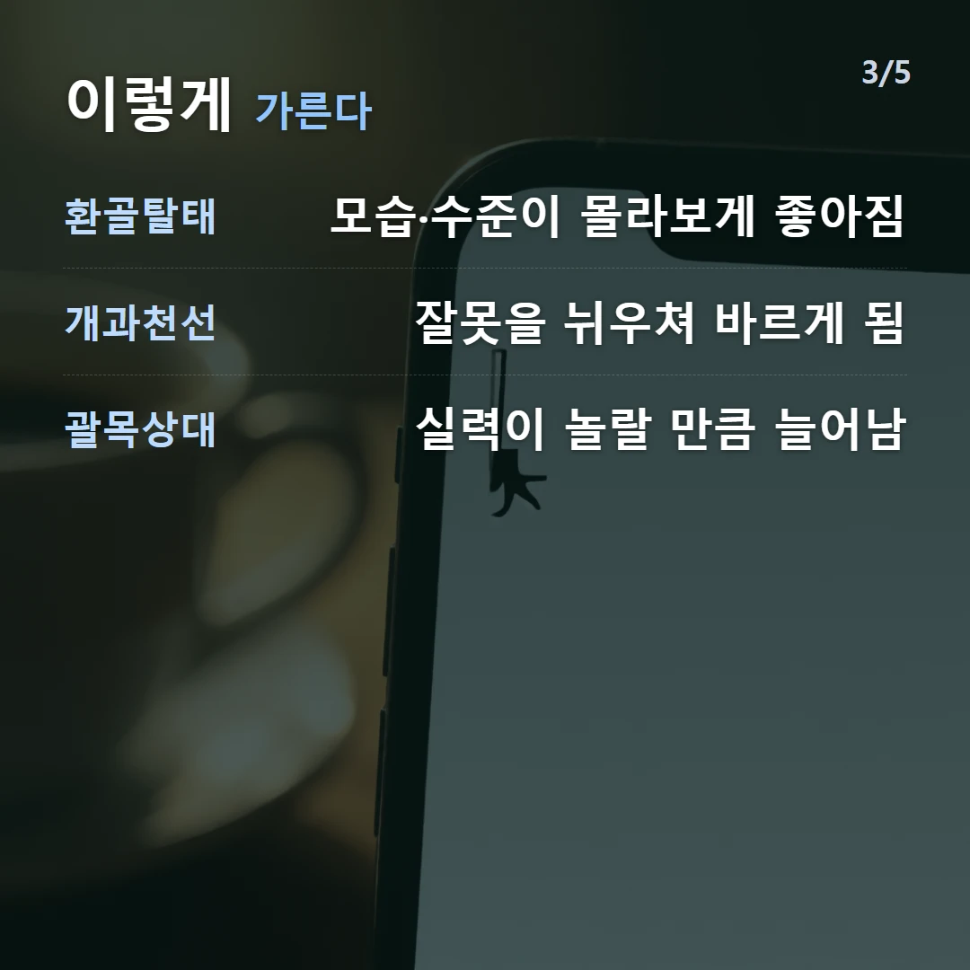 이렇게 가른다 — 환골탈태 모습·수준이 몰라보게 좋아짐, 개과천선 잘못을 뉘우쳐 바르게 됨, 괄목상대 실력이 놀랄 만큼 늘어남