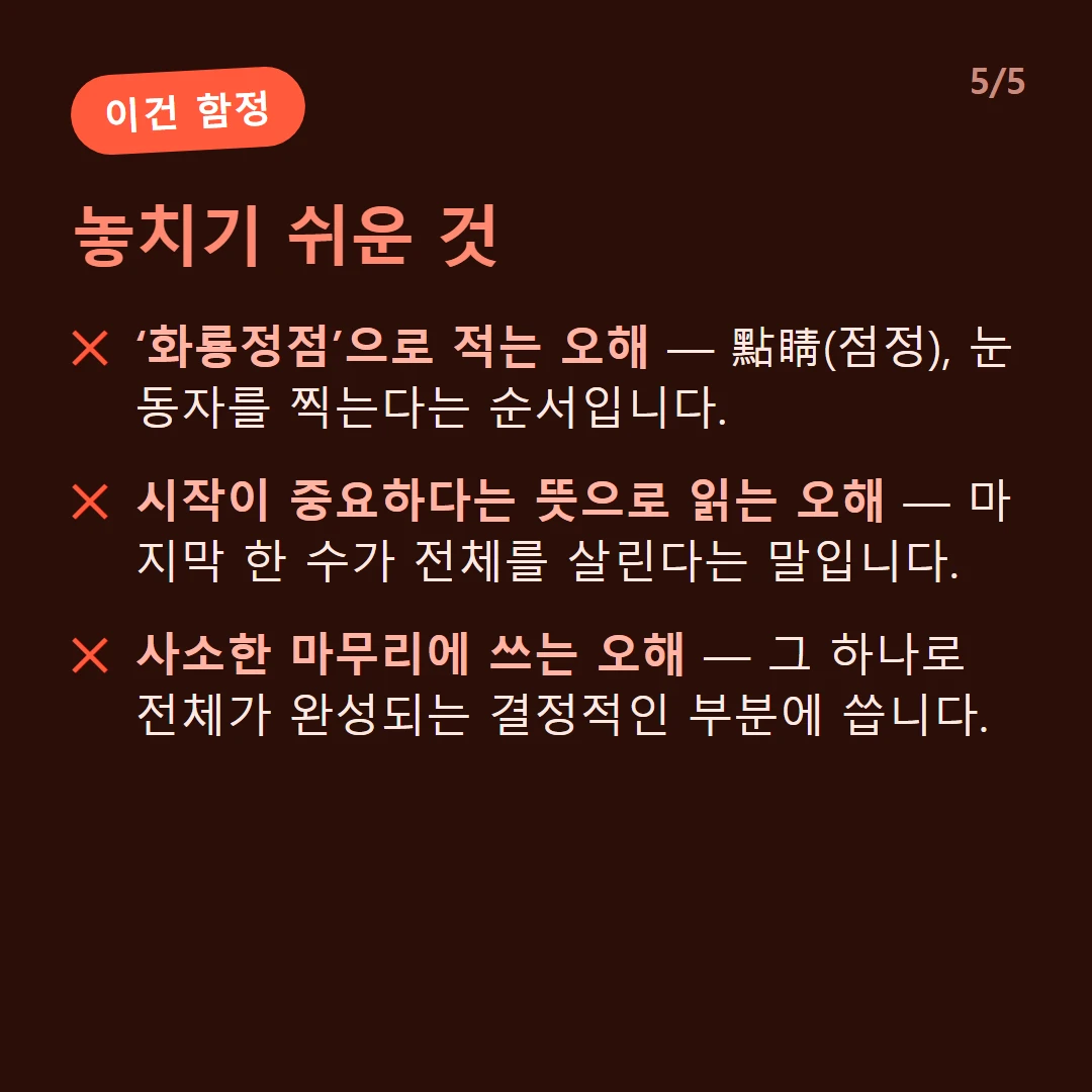 놓치기 쉬운 것 — ‘화룡정점’으로 적는 오해 — 點睛(점정), 눈동자를 찍는다는 순서입니다. / 시작이 중요하다는 뜻으로 읽는 오해 — 마지막 한 수가 전체를 살린다는 말입니다. / 사소한 마무리에 쓰는 오해 — 그 하나로 전체가 완성되는 결정적인 부분에 씁니다.