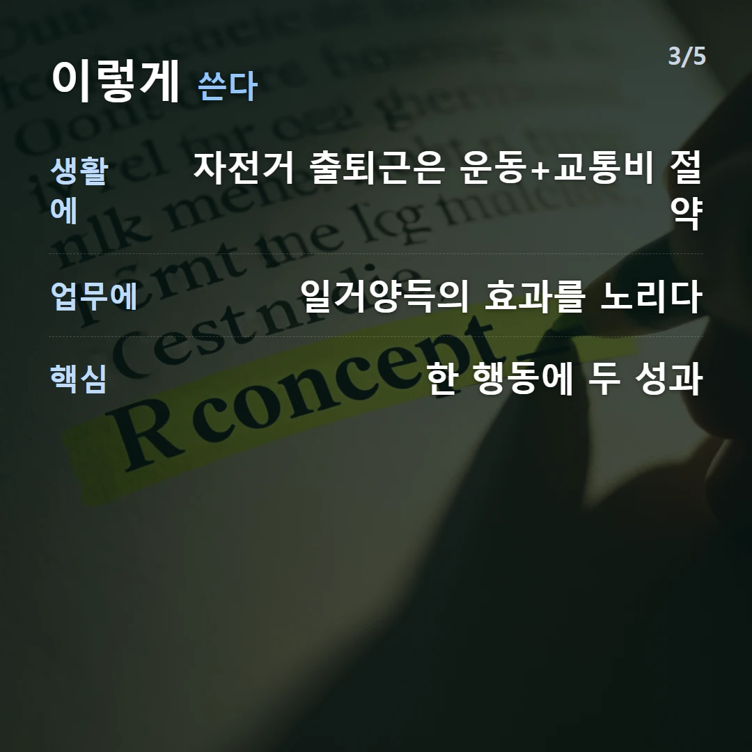 이렇게 쓴다 — 생활에 자전거 출퇴근은 운동+교통비 절약, 업무에 일거양득의 효과를 노리다, 핵심 한 행동에 두 성과