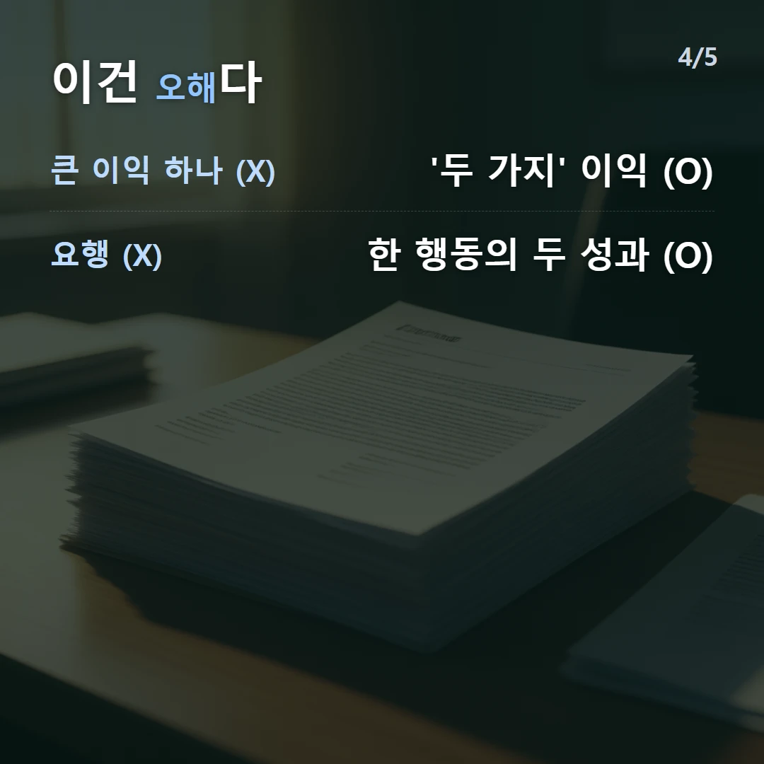 이건 오해다 — 큰 이익 하나 (X) '두 가지' 이익 (O), 요행 (X) 한 행동의 두 성과 (O)