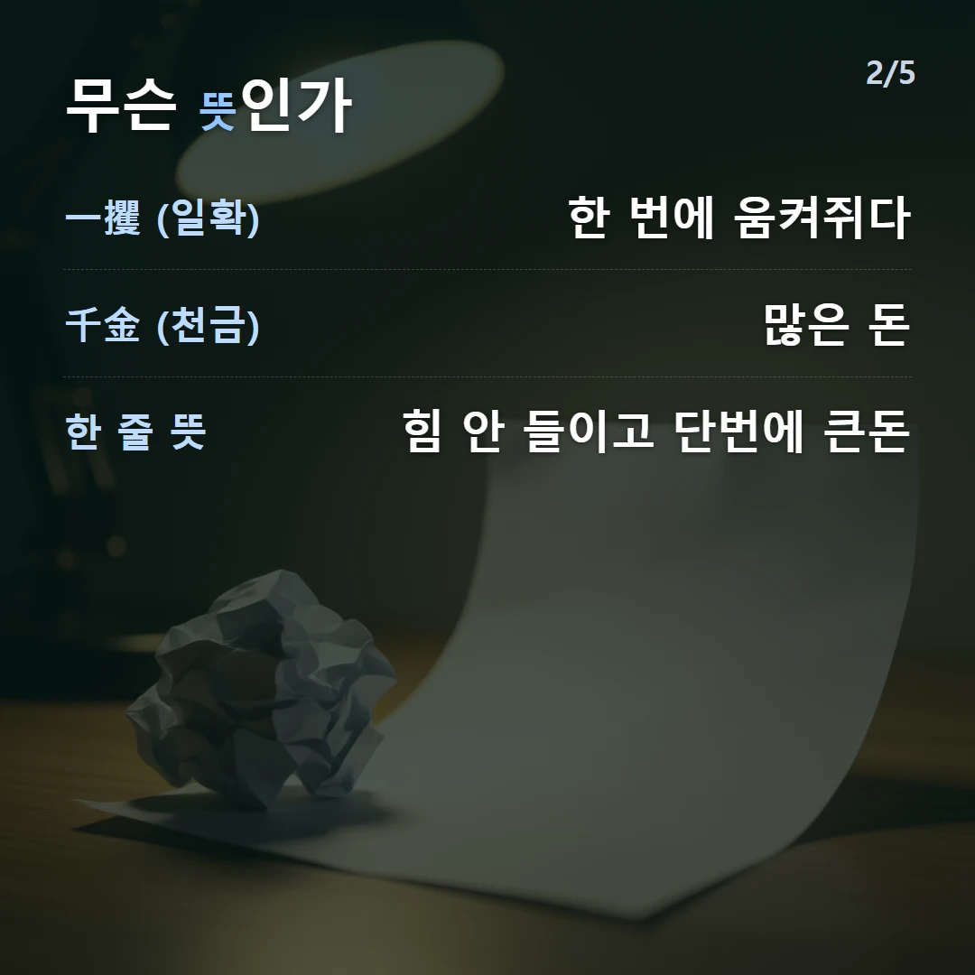 무슨 뜻인가 — 一攫 (일확) 한 번에 움켜쥐다, 千金 (천금) 많은 돈, 한 줄 뜻 힘 안 들이고 단번에 큰돈