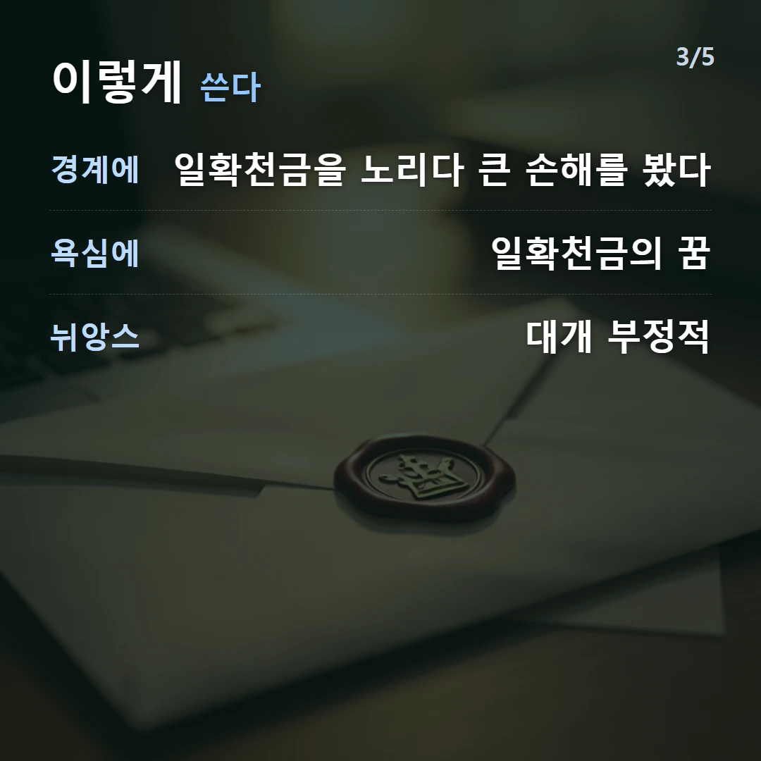 이렇게 쓴다 — 경계에 일확천금을 노리다 큰 손해를 봤다, 욕심에 일확천금의 꿈, 뉘앙스 대개 부정적