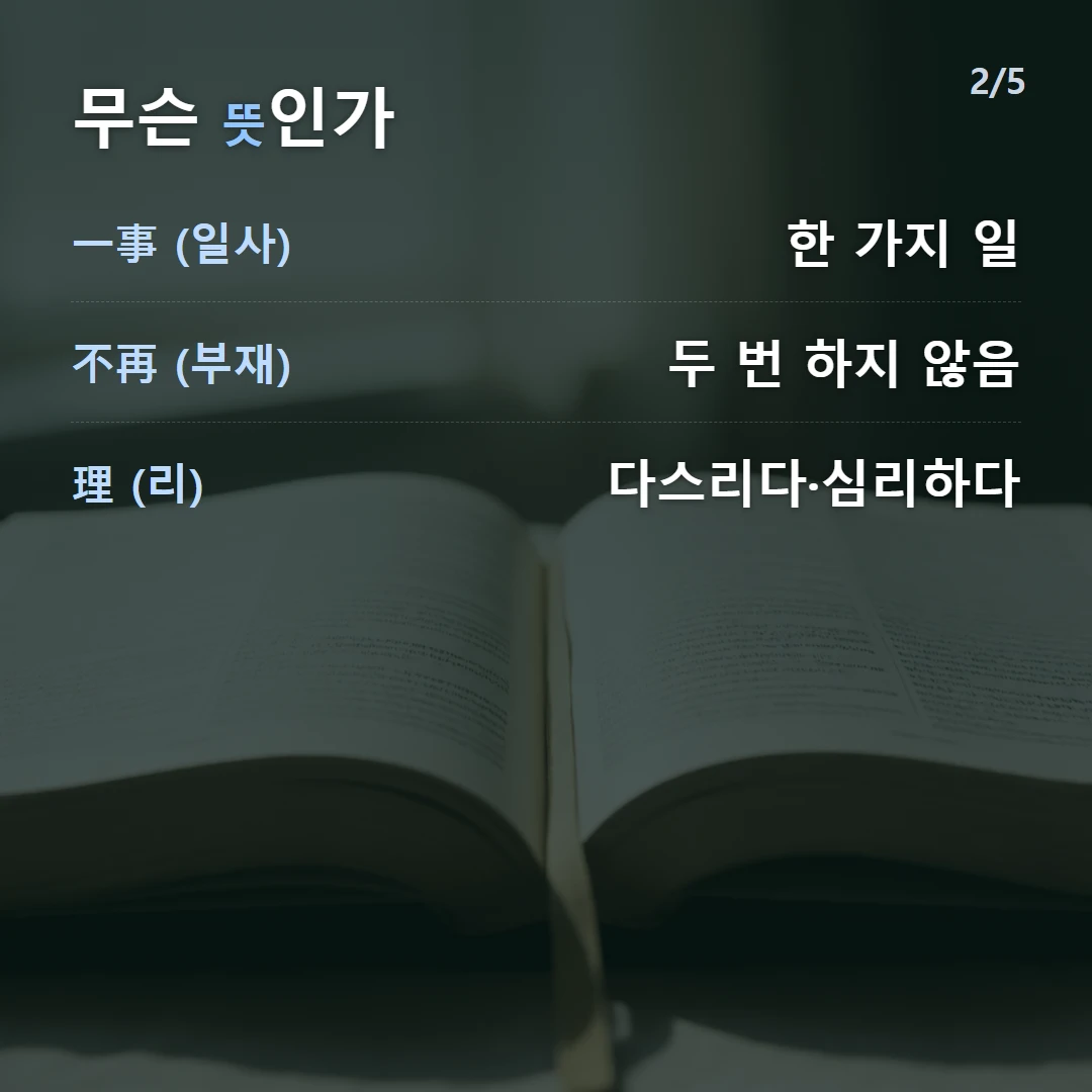 무슨 뜻인가 — 一事 (일사) 한 가지 일, 不再 (부재) 두 번 하지 않음, 理 (리) 다스리다·심리하다