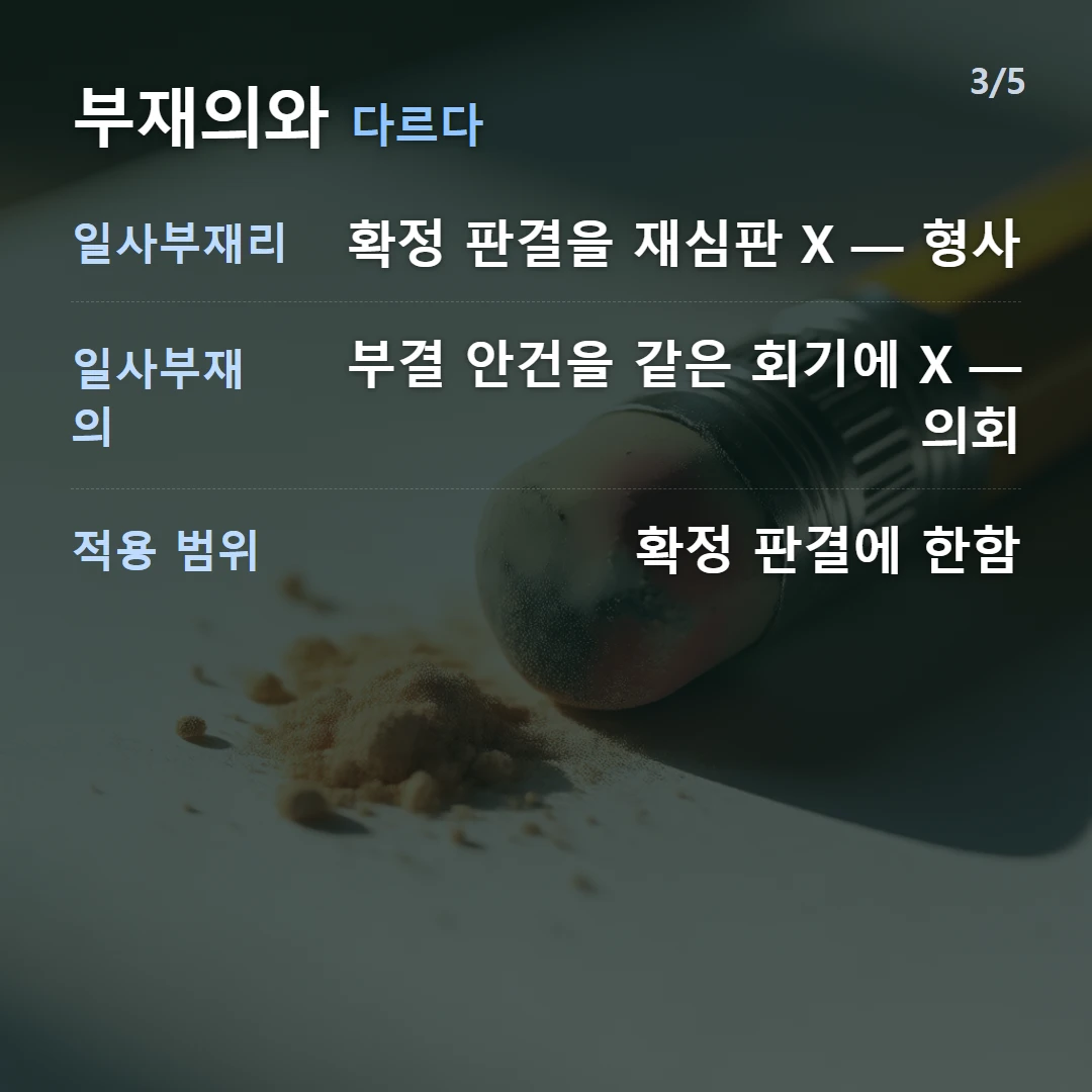 부재의와 다르다 — 일사부재리 확정 판결을 재심판 X — 형사, 일사부재의 부결 안건을 같은 회기에 X — 의회, 적용 범위 확정 판결에 한함