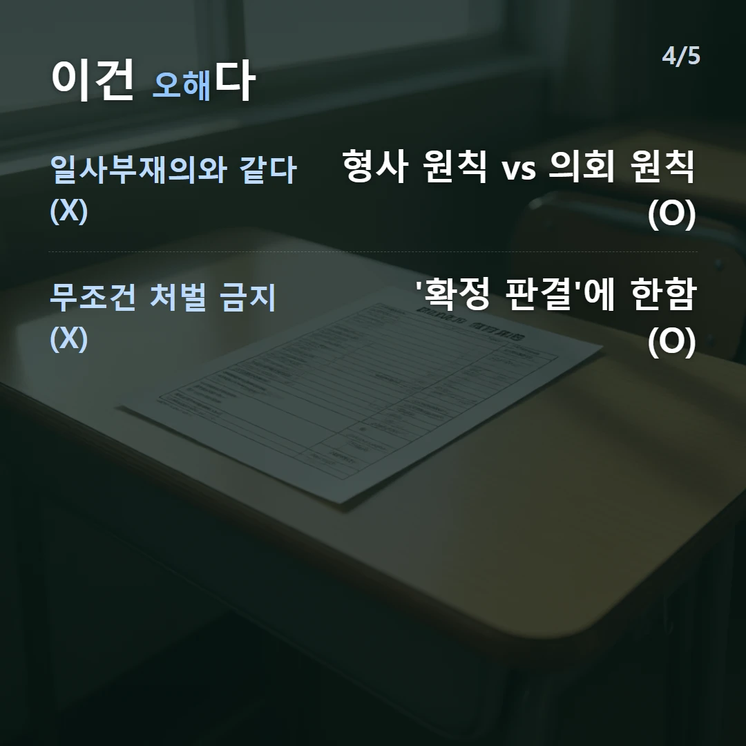 이건 오해다 — 일사부재의와 같다 (X) 형사 원칙 vs 의회 원칙 (O), 무조건 처벌 금지 (X) '확정 판결'에 한함 (O)