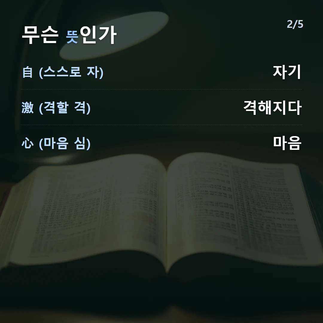 무슨 뜻인가 — 自 (스스로 자) 자기, 激 (격할 격) 격해지다, 心 (마음 심) 마음