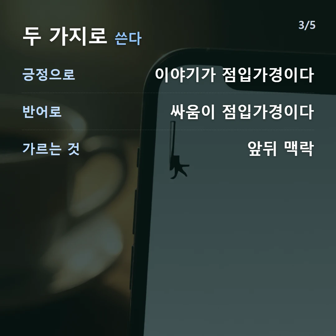 두 가지로 쓴다 — 긍정으로 이야기가 점입가경이다, 반어로 싸움이 점입가경이다, 가르는 것 앞뒤 맥락