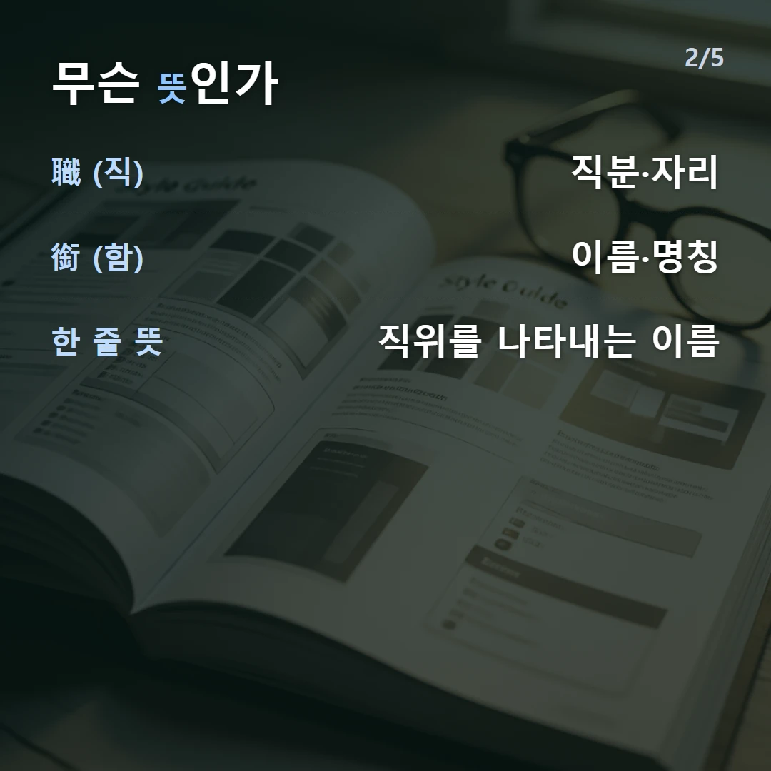 무슨 뜻인가 — 職 (직) 직분·자리, 銜 (함) 이름·명칭, 한 줄 뜻 직위를 나타내는 이름