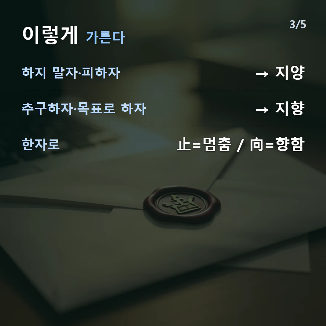 이렇게 가른다 — 하지 말자·피하자 → 지양, 추구하자·목표로 하자 → 지향, 한자로 止=멈춤 / 向=향함
