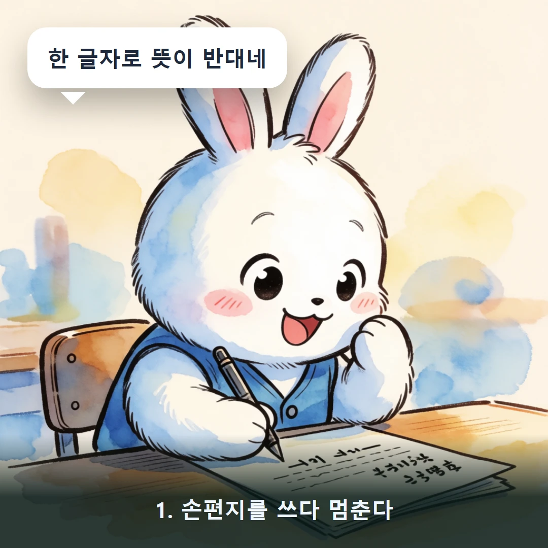 웹툰 1컷 — 1. 손편지를 쓰다 멈춘다 (한 글자로 뜻이 반대네)