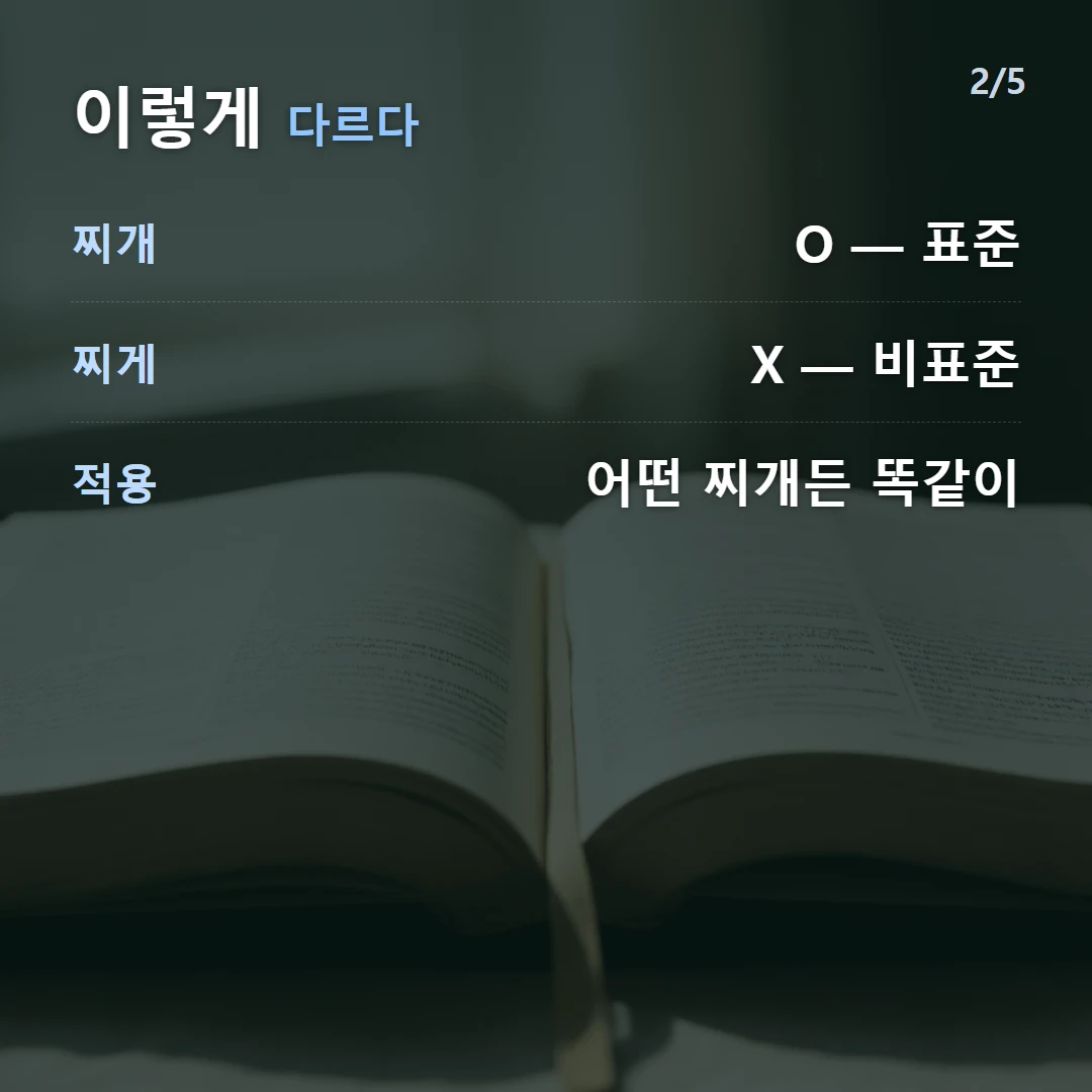 이렇게 다르다 — 찌개 O — 표준, 찌게 X — 비표준, 적용 어떤 찌개든 똑같이