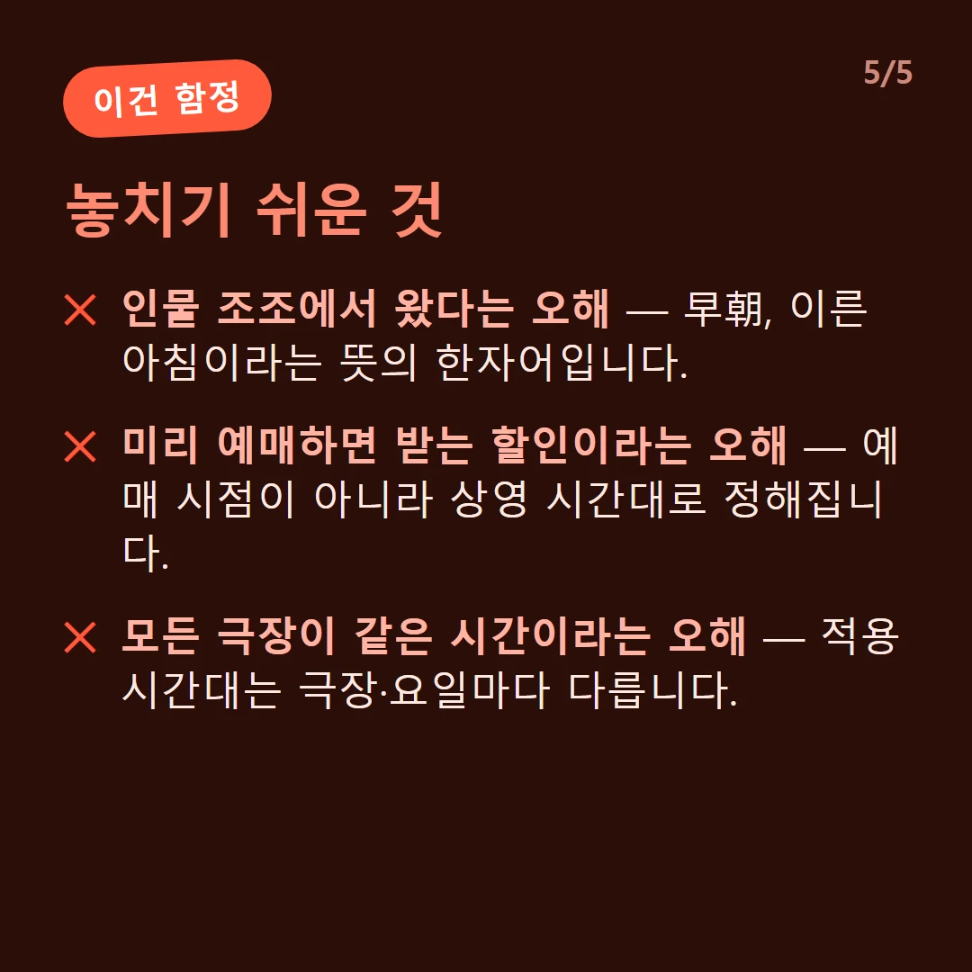 놓치기 쉬운 것 — 인물 조조에서 왔다는 오해 — 早朝, 이른 아침이라는 뜻의 한자어입니다. / 미리 예매하면 받는 할인이라는 오해 — 예매 시점이 아니라 상영 시간대로 정해집니다. / 모든 극장이 같은 시간이라는 오해 — 적용 시간대는 극장·요일마다 다릅니다.