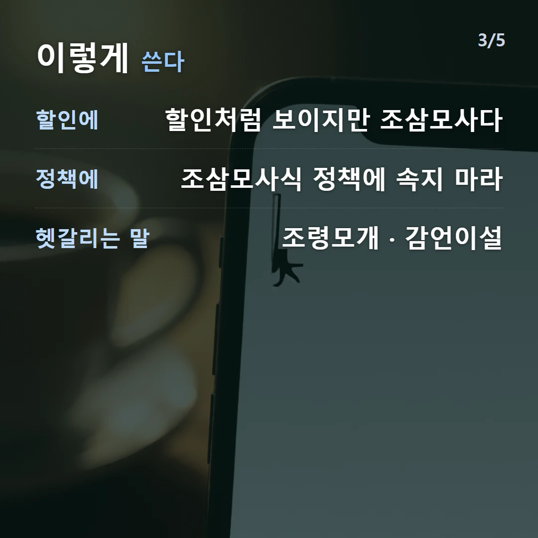 이렇게 쓴다 — 할인에 할인처럼 보이지만 조삼모사다, 정책에 조삼모사식 정책에 속지 마라, 헷갈리는 말 조령모개 · 감언이설