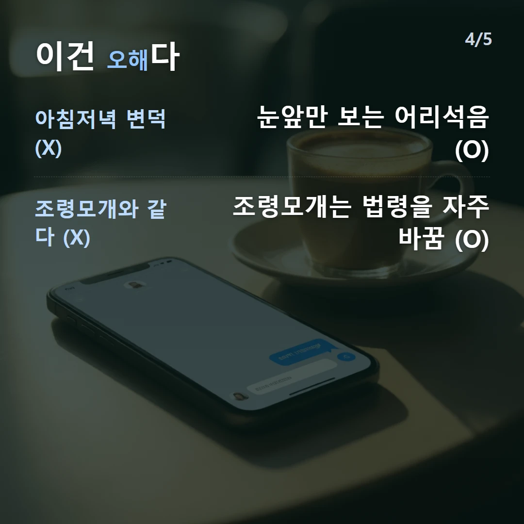 이건 오해다 — 아침저녁 변덕 (X) 눈앞만 보는 어리석음 (O), 조령모개와 같다 (X) 조령모개는 법령을 자주 바꿈 (O)