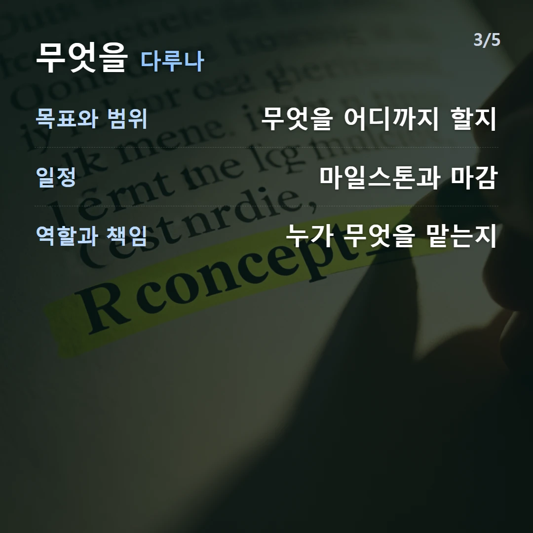 무엇을 다루나 — 목표와 범위 무엇을 어디까지 할지, 일정 마일스톤과 마감, 역할과 책임 누가 무엇을 맡는지