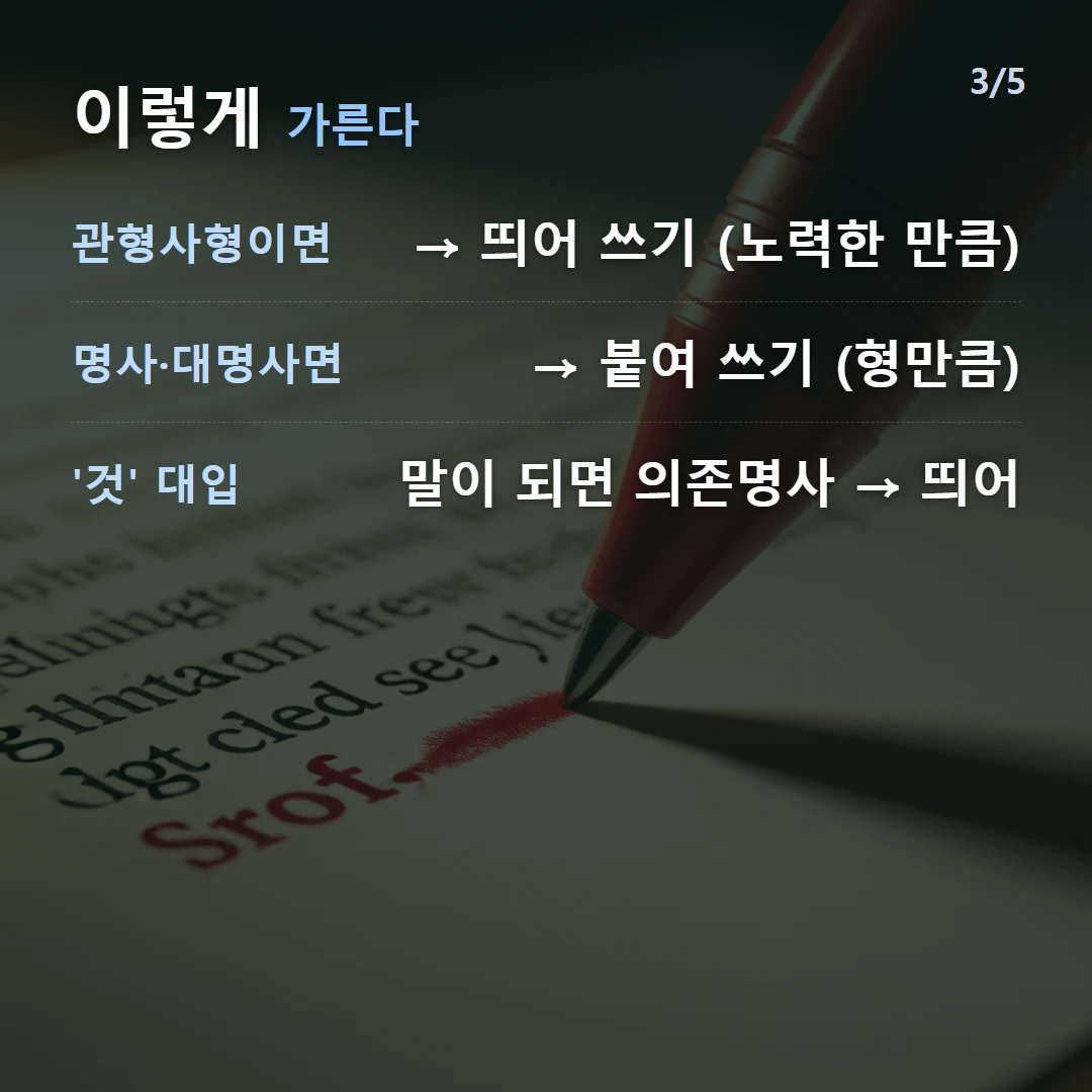 이렇게 가른다 — 관형사형이면 → 띄어 쓰기 (노력한 만큼), 명사·대명사면 → 붙여 쓰기 (형만큼), '것' 대입 말이 되면 의존명사 → 띄어