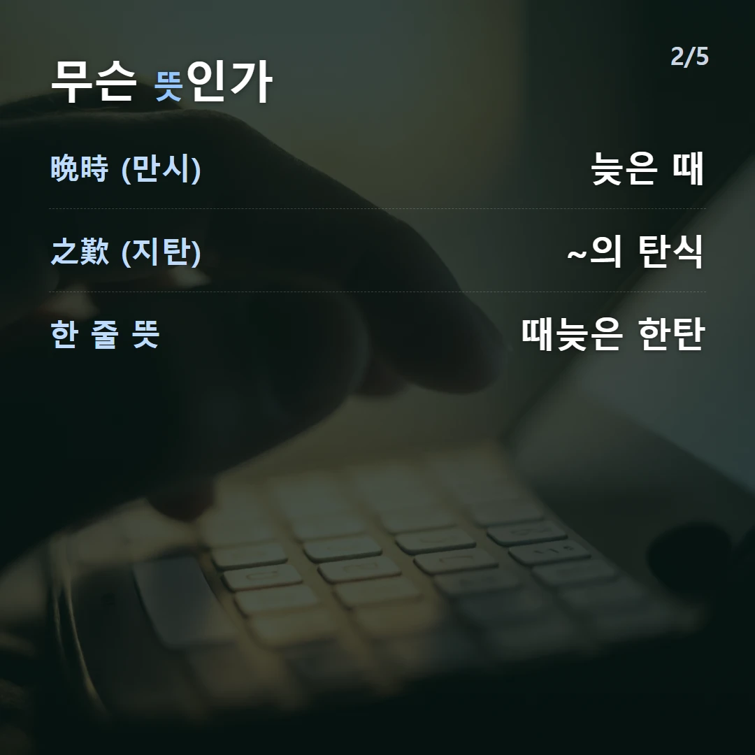 무슨 뜻인가 — 晩時 (만시) 늦은 때, 之歎 (지탄) ~의 탄식, 한 줄 뜻 때늦은 한탄