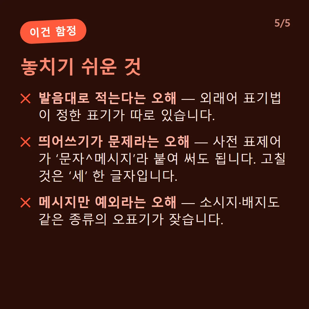 놓치기 쉬운 것 — 발음대로 적는다는 오해 — 외래어 표기법이 정한 표기가 따로 있습니다. / 띄어쓰기가 문제라는 오해 — 사전 표제어가 ‘문자^메시지’라 붙여 써도 됩니다. 고칠 것은 ‘세’ 한 글자입니다. / 메시지만 예외라는 오해 — 소시지·배지도 같은 종류의 오표기가 잦습니다.
