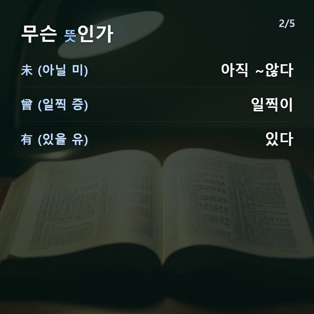 무슨 뜻인가 — 未 (아닐 미) 아직 ~않다, 曾 (일찍 증) 일찍이, 有 (있을 유) 있다