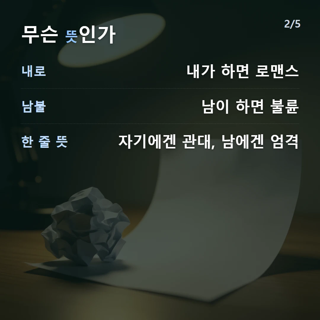 무슨 뜻인가 — 내로 내가 하면 로맨스, 남불 남이 하면 불륜, 한 줄 뜻 자기에겐 관대, 남에겐 엄격