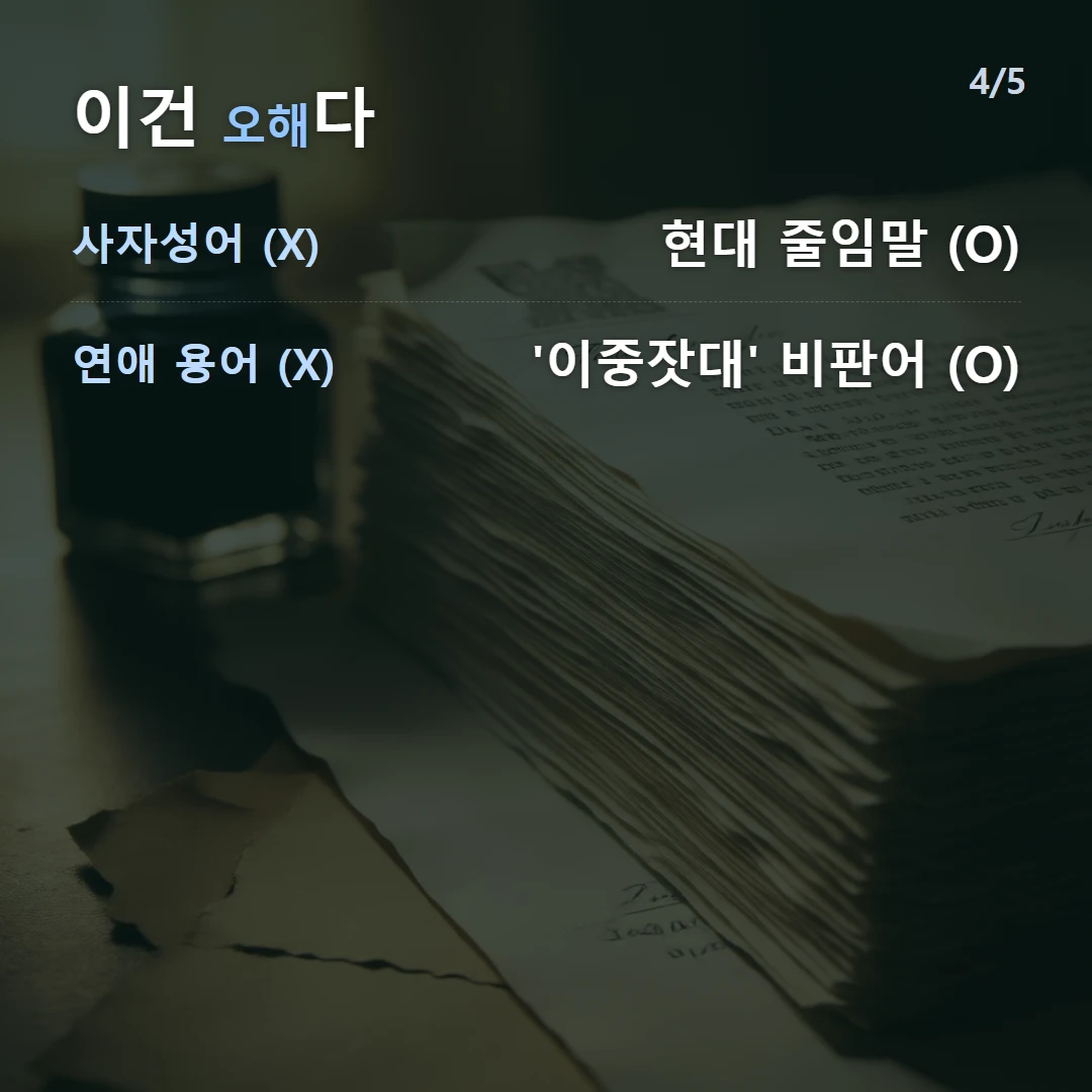 이건 오해다 — 사자성어 (X) 현대 줄임말 (O), 연애 용어 (X) '이중잣대' 비판어 (O)
