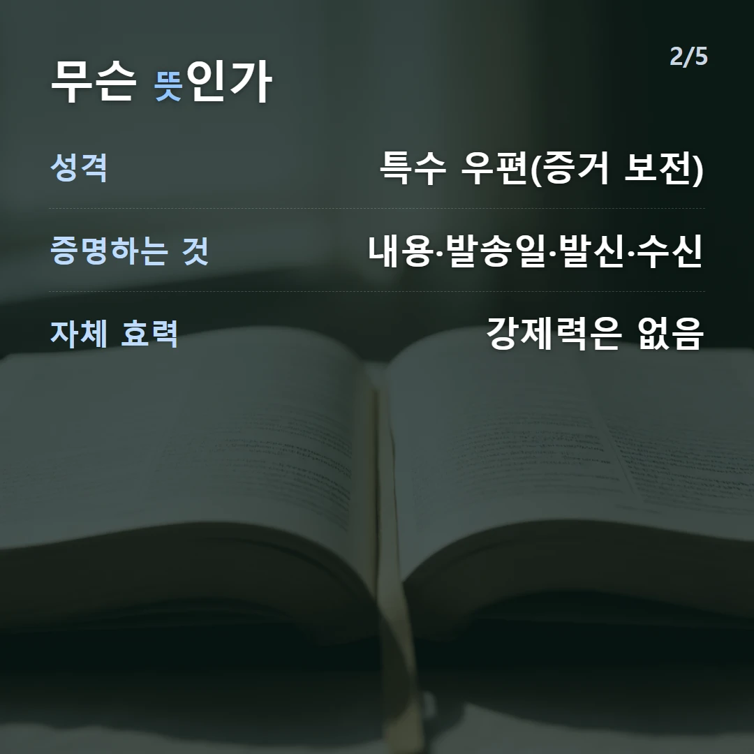 무슨 뜻인가 — 성격 특수 우편(증거 보전), 증명하는 것 내용·발송일·발신·수신, 자체 효력 강제력은 없음