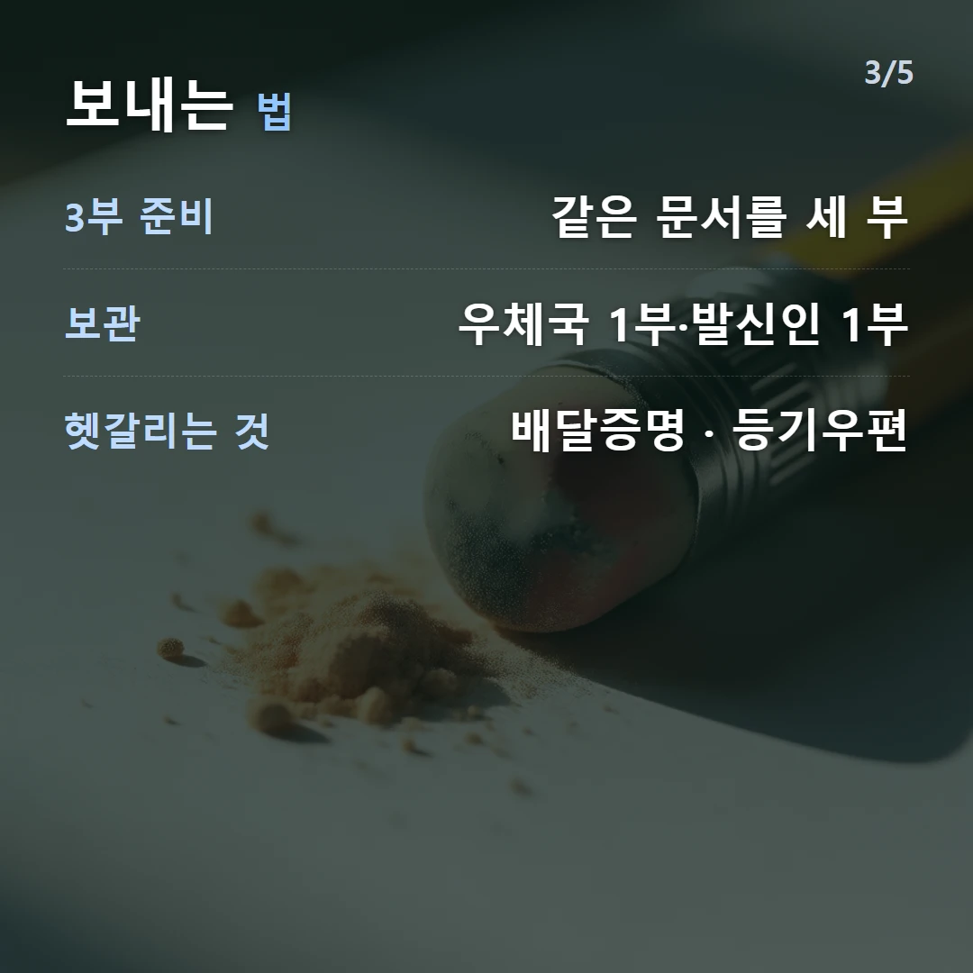 보내는 법 — 3부 준비 같은 문서를 세 부, 보관 우체국 1부·발신인 1부, 헷갈리는 것 배달증명 · 등기우편