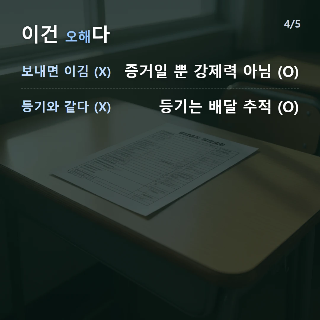이건 오해다 — 보내면 이김 (X) 증거일 뿐 강제력 아님 (O), 등기와 같다 (X) 등기는 배달 추적 (O)