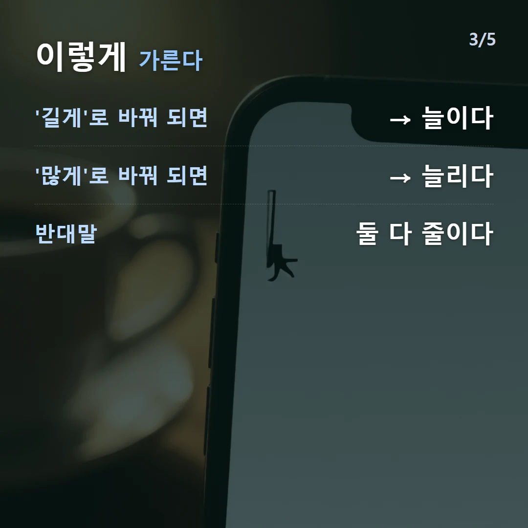 이렇게 가른다 — '길게'로 바꿔 되면 → 늘이다, '많게'로 바꿔 되면 → 늘리다, 반대말 둘 다 줄이다